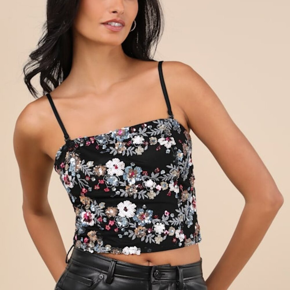 Lulus Noteworthy Glitter Black Multi Sequin Crop Top - Size XL